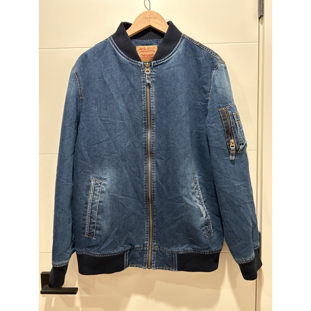 AFS Jeep Mens Denim Bomber Jacket Blue Full Zip Flight Jacket Size 3XL